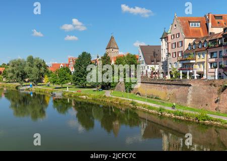 Promenade along the Danube with city wall and Metzgerturm, Ulm, Baden-Württemberg, Germany Stock Photo