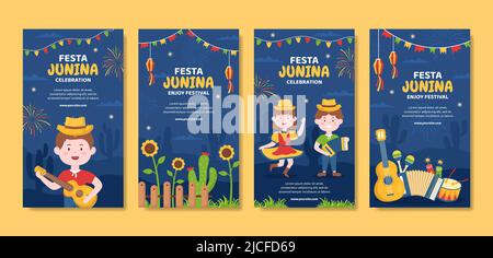 Festa Junina Festival Stories Template Social Media Flat Cartoon Background Vector Illustration Stock Vector