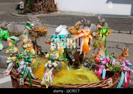 Basket full of Easter bunnies, Murnau, Upper Bavaria, Bavaria, Germany, Europe Stock Photo