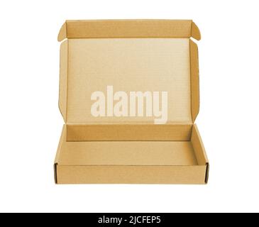 Open Cardboard Box on White Background Stock Photo