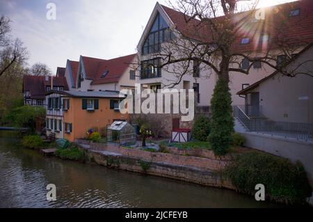 View from Beinsteiner Tor over the river Rems to Schwaneninsel, former city wall, Waiblingen, Baden-Württemberg, Germany Stock Photo