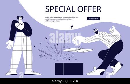 Landing webpage template of advertising of giving present Stock Vector