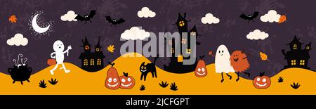 Cute hand drawn halloween seamless pattern with creepy houses, dressed up kids and decoration, great for textiles, banners, wallpapers, wrapping - vec Stock Vector