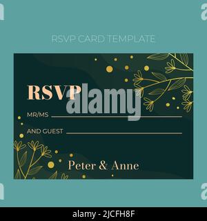 Floral wedding RSVP template in elegant golden style, invitation card design with gold flowers with leaves, dots. Decorative frame pattern and wreath. Vector decoration on rich green background. Stock Vector
