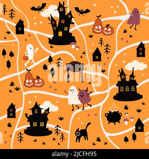 Cute hand drawn halloween seamless pattern with creepy houses, dressed up kids and decoration, great for textiles, banners, wallpapers, wrapping - vec Stock Vector