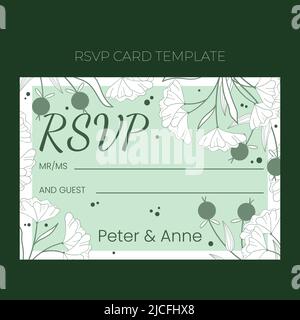 Floral wedding RSVP template in hand drawn doodle style, invitation card design with line flowers and leaves, dots and berries. Vector decorative frame on white and green background. Stock Vector