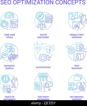 SEO optimization blue gradient concept icons set Stock Vector