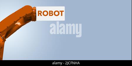 Robot arm with box and text ROBOT. Smart industry concept Stock Photo