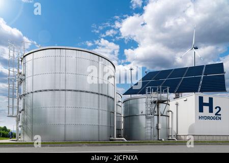 Hydrogen factory concept. Hydrogen production from renewable energy sources Stock Photo