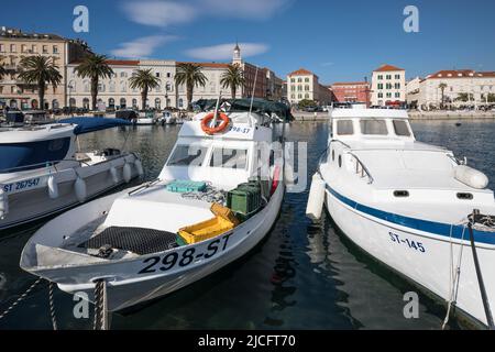 Boats in the harbor and old town, Split, Split-Dalmatia County, Dalmatia, Croatia, Europe Stock Photo
