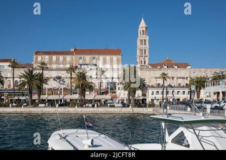 View over the harbor basin to the historic old town with cathedral and promenade, Split, UNESCO World Heritage Site, Split-Dalmatia County, Dalmatia, Croatia, Europe