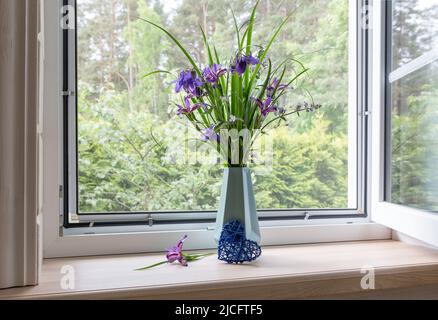 White window with mosuito net in a rustic wooden house Stock Photo