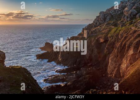 Crown engine houses at Botallack Mine shot on a June evening during Golden Hour Stock Photo