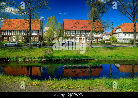 Half-timbered houses in Großschönau: In Saxony - especially in Upper Lusatia - there are still around 6500 of the mostly listed half-timbered houses. Stock Photo