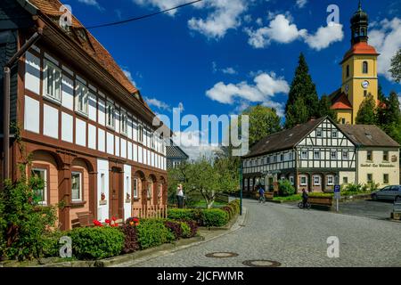 Half-timbered houses in Großschönau: In Saxony - especially in Upper Lusatia - there are still around 6500 of the mostly listed half-timbered houses. Stock Photo