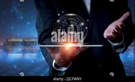 Cyber security network. Business man protecting data personal information on tablet. Padlock icon and internet technology networking connection on dig Stock Photo