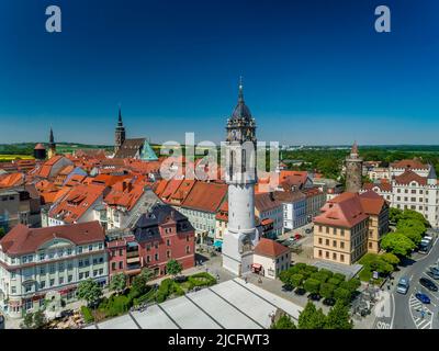 Old town of Bautzen from above: The more than 1000 year old town of Bautzen in Upper Lusatia has a well restored old town with many towers and historic buildings. Stock Photo