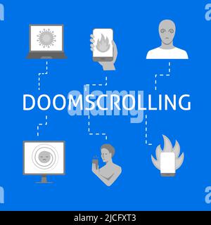 Doomscrolling concept poster in flat style. Doom surfing, bad news reading. Vector illustration. Stock Vector
