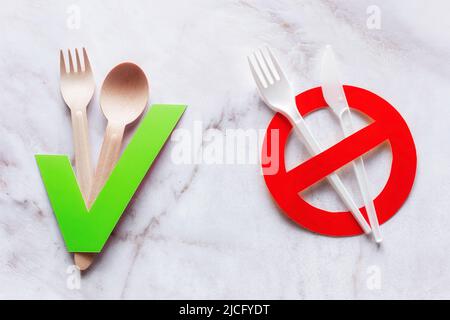 cutlery made of wood and plastic concept stop plastic Stock Photo