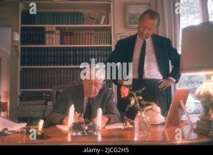 40 years ago, on February 22, 1980, Oskar Kokoschka, Axel Caesar SPRINGER, Germany, publisher, died, standing in his office at the desk at which Oskar KOKOSCHKA, Austria, painter, is sitting and writing, landscape format; Â Stock Photo