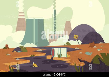 Flat environmental disaster with chemical water river and air pollution. Radioactive hazardous waste, toxic dangerous trash. Industrial accident on nuclear power plant with danger substance in barrel. Stock Vector