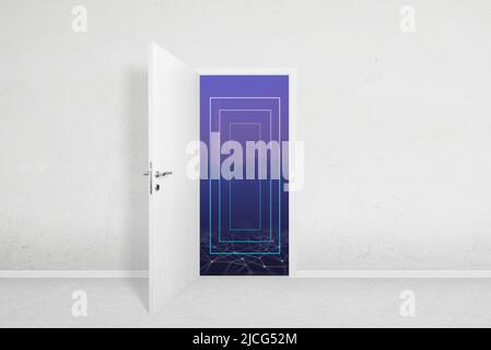 Door to the metaverse concept. Open door on a white wall overlooking the portals. The concept of entering the web 3.0 blockchain technology Stock Photo