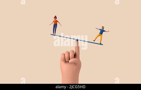 Character balancing on an unstable seesaw. 3D Rendering Stock Photo