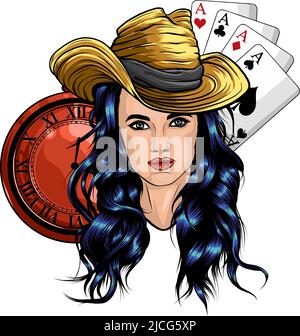 Cowboy girl face with hat. Vector. Illustration. Stock Vector