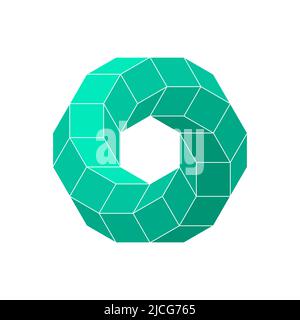 Impossible toroidal polyhedron. Green impossible infinite shape. Sacred geometry figure. Optical illusion. Twisted hexagonal object. Vector Stock Vector
