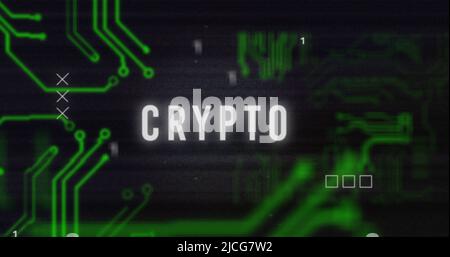 Image of interference over crypto text, data processing and computer circuit board Stock Photo