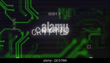 Image of interference over crypto text, data processing and computer circuit board Stock Photo