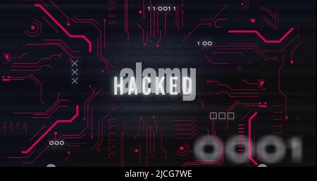 Image of interference over hacked text, data processing and computer circuit board Stock Photo