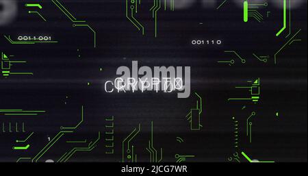 Image of interference over crypto text, data processing and computer circuit board Stock Photo