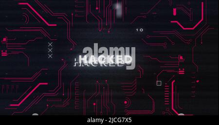 Image of interference over hacked text, data processing and computer circuit board Stock Photo