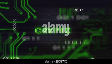 Image of interference over crypto text, data processing and computer circuit board Stock Photo