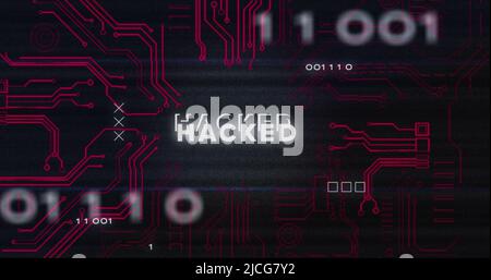 Image of interference over hacked text, data processing and computer circuit board Stock Photo