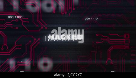Image of interference over hacked text, data processing and computer circuit board Stock Photo
