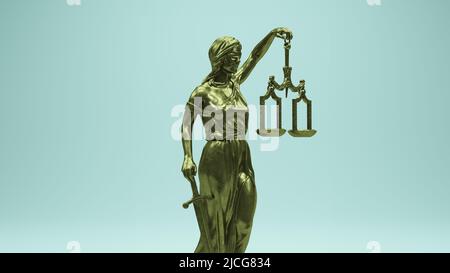 Bronze Lady Justice Statue Gold Judicial System Traditional Sculpture with Scales Quarter View 3d illustration render Stock Photo