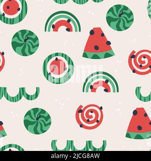 Watermelon and abstract shapes. Vector seamless pattern. Green and red repeating elements for print and design. Stock Vector