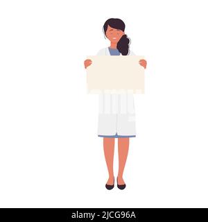 Female doctor holding empty blank board. Hospital woman worker in clinical coat vector illustration Stock Vector