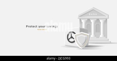 3d illustration of bank building icon with safe box and security shield. Vector illustration Stock Vector