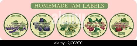 STICKERS ON JARS WITH HOMEMADE JAM. BERRY JAM. confiture. Strawberries, blueberries and currants. Gooseberries and raspberries. Canning labels. Vintag Stock Vector