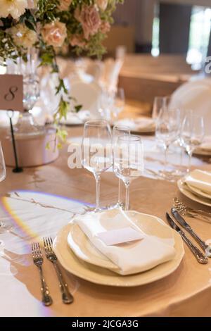 Table set for wedding or another catered event dinner. Stock Photo