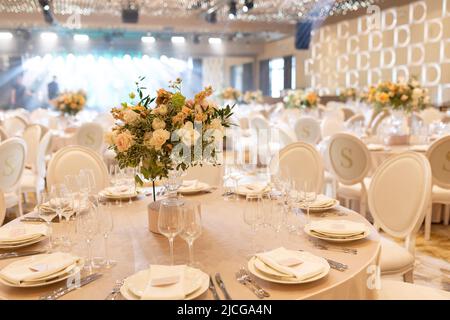 Table set for wedding or another catered event dinner. Stock Photo