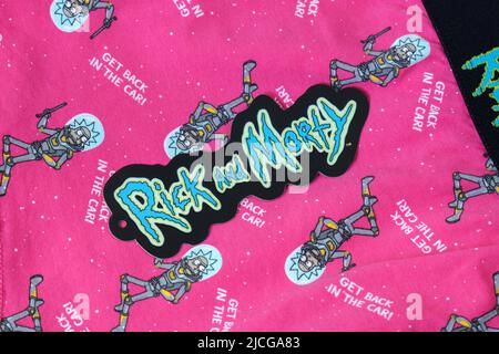 Tyumen, Russia-May 11, 2022: Rick and Morty adult animated science fiction sitcom. Clothing with a logo Stock Photo