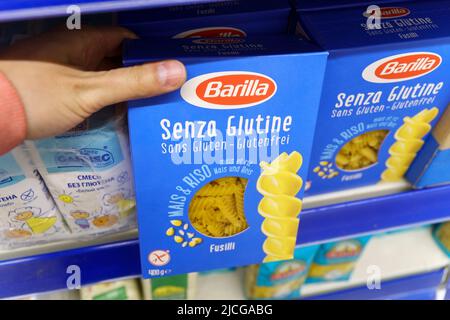 Tyumen, Russia-May 27, 2022: Pasta Barilla senza glutine on a supermarket. The Barilla it is the world leading pasta maker Stock Photo