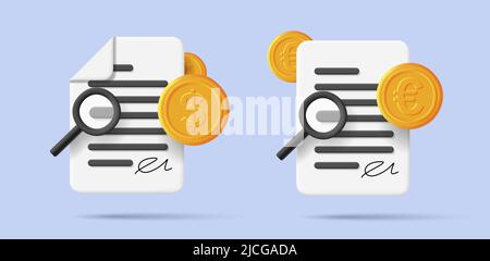 Contract with signature 3 icon with dollar and euro coins and magnifying glass. Vector illustration Stock Vector