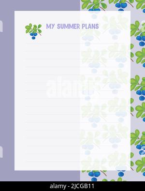 My summer plans To Do list Reminders witch Blueberry doodle pattern. Vector illustration Stock Vector