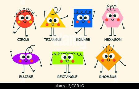Character abstract shape funny face. Cartoon doodle design geometric education trendy set vector illustration concept. Graphic circle, hexagon, triang Stock Vector