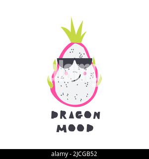 Cute illustration of pattaya or dragon fruit. Lettering dragon mood. Vector illustration isolated on white background. Stock Vector